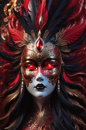 chrome plated statue, sexy female form, ornate red face cover mask, black feathers, ornate gold patterns, red glowing long hair flowing in the wind,  red glowing eyes, red and gold intricate cosmic background, standing facing front, layered detail, ultra crisp, ultra detail, 4k,glitter