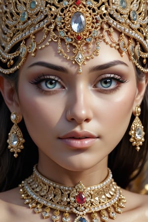 female face, ultra detail, ultra crisp, adorned in jewelery, goddess, queen, royal, beautiful