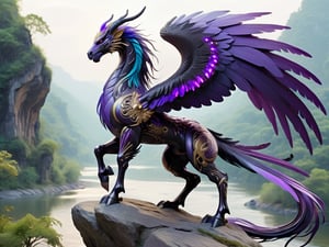 eagle eastern dragon horse creature, long flowing feathered horse main and tail, standing regal on top of a rock overlooking a lush oriental fantasy valley below with a river, large spread eastern dragon wings, raven black body, luminous purple feathers,futuristic