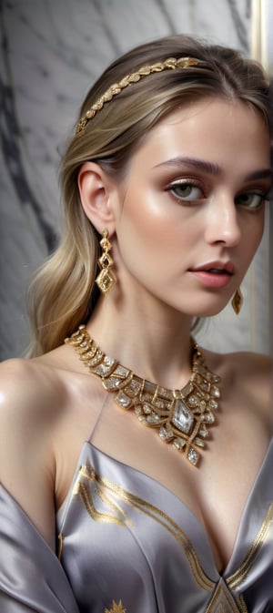 perfect feminine, wearing silky fabric, glistening diamond jewelery, ornate patterns, gold metal accents, perfect soft sensual lighting, grey marble background, ultra crisp, ultra sharp, realistic, 8k