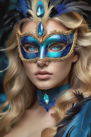 female made from the most beautiful women in the world, hot sexy, pefect face, perfect eyes,super realism, photo real, long light blonde wavy hair, cyan crystal eyes, raven masquerade mask, feathers, silk, super detail, super realistic, 4k, expert lighting, glamour shot, perfect symetry, jewelery, make-up, metallic blue and gold marble background, ,Masterpiece