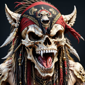 wolf skull with ()fangs)), angry expression, pirate, fearsome, long sharp teeth, dreadlocks, bandana, tribal patterns, ultra detail, ultra real, 4k, black red and gold