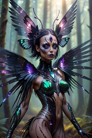 human female raven butterfly creature made from glitter and gemstones, different colored metals, long feathered tentacles, fearsome, long sharp teeth, stalking you on a futuristic lush forest, fog, god rays,girl