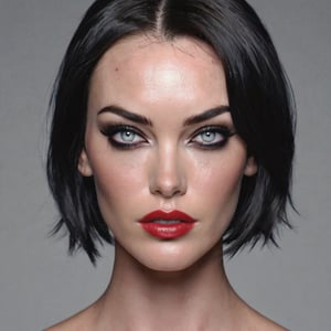 young female made from megan fox milla jovovich blend, sexy short raven black hair, grey eyes, modelshoot style, super realistic,  4k,  expert lighting,  perfect symmetry, Realism, Makeup, Face makeup,,,
