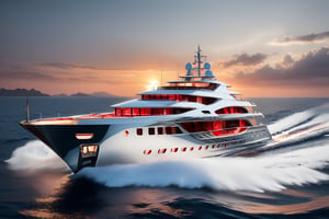 luxury yacht, pearl white gold and chrome tribal patterns,  layered detail,  ornate red glass detail,  moving through the ocean, beautiful sunset over deep ocean