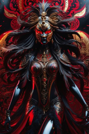 black chrome statue, sexy female form, ornate red face mask, black feathers, ornate gold patterns, red glowing long hair flowing in the wind,  red glowing eyes, red and gold intricate cosmic background, standing facing front, layered detail, ultra crisp, ultra detail, 4k