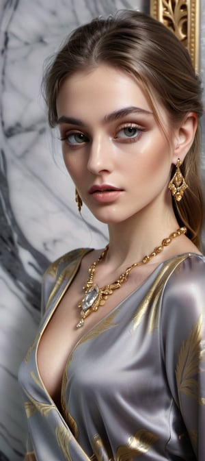 perfect feminine, wearing silky fabric, glistening diamond jewelery, ornate patterns, gold metal accents, perfect soft sensual lighting, grey marble background, ultra crisp, ultra sharp, realistic, 8k