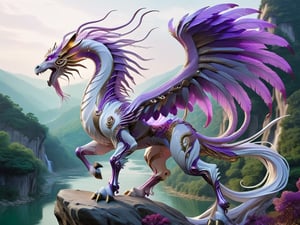 eagle eastern dragon horse creature, long flowing feathered horse main and tail, long feathered tentacles, standing regal on top of a rock overlooking a lush oriental fantasy valley below with a river, large spread eastern dragon wings, white body, luminous purple feathers,futuristic