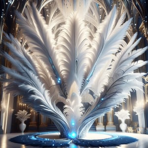 inside of a huge mansion made from lighted feathers, fractal design, intricate, detailed, ultra layered details, beautiful, diamond lights, organic, white, gold, deep shiny metal blue, flowing,futuristic, metal adorning,glossy,glowing color inside,ray tracing