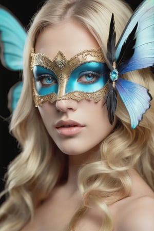 female made from the most beautiful women in the world, hot sexy, pefect face, perfect eyes,super realism, photo real, long light blonde wavy hair, cyan crystal eyes, raven butterfly masquerade mask, feathers, silk, super detail, super realistic, 4k, expert lighting, glamour shot, perfect symetry, jewelery, make-up, metallic blue and gold marble background, ,Masterpiece