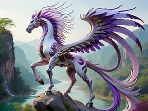 eagle horse creature, long flowing feathered horse main and tail, long feathered tentacles, standing regal on top of a rock overlooking a lush oriental fantasy valley below with a river, large spread eastern dragon wings, white body, luminous purple feathers,futuristic