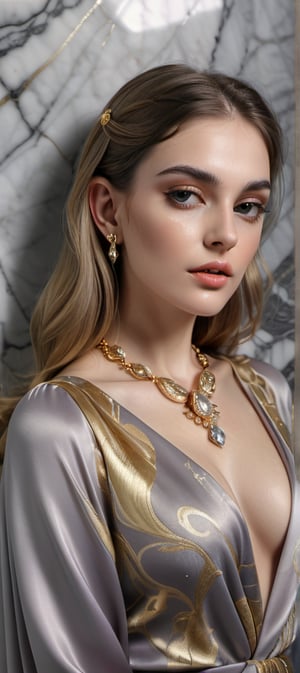 perfect feminine, wearing silky fabric, glistening diamond jewelery, ornate patterns, gold metal accents, perfect soft sensual lighting, grey marble background, ultra crisp, ultra sharp, realistic, 8k,Extremely Realistic