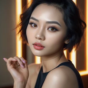 female made from the most beautiful Vietnamese women in the world, short wavy hair, modelshoot style, super realistic, 4k, expert lighting, perfect symmetry, Realism, Makeup, Face makeup, full_bodyperfect face,ENHANCE, 