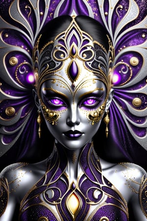 beautiful female body, silver, purple, black, LED lights, fractal symmetrical design  silky fabric pattern background with gold art deco patterns, face_focus
,glitter