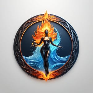 create a circular logo of organic flowing water and fire coming together to create the human female form,  elaborate, layered, detailed, perfect lighting, metal