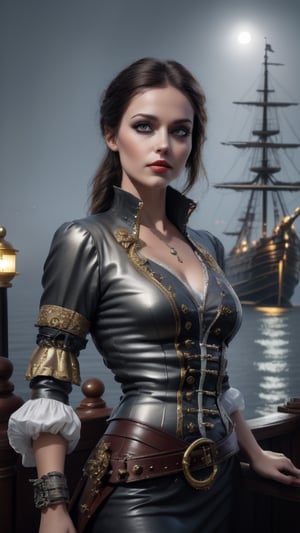 female made from the most beautiful women in the world, grey eyes, royal pirate p;rincess, rich, glamorous, sexy royal pirate outfit, pirate sword, pirate pistols, super detail, super realistic, 4k, moonlight lighting, perfect symmetry, dark and foggy night out on the ocean, figure is standing on deck of a beaufiul pirate ship with gold art deco trim