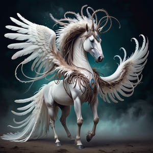 create a mystical horse creature with long flowing feather tentacles and head covered in feathers, gorgeous wings, fantasy magical image