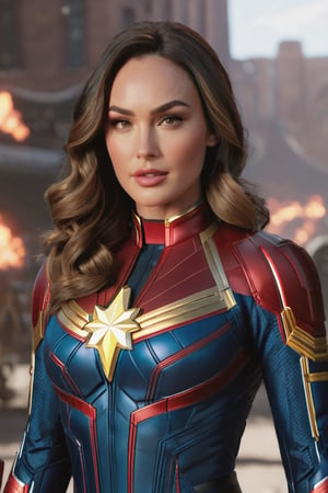 young female made from megan fox gal gadot blend,  wearing captain marvel outfit, captain marvel hair, modelshoot style, super realistic,  4k,  expert lighting,  perfect symmetry, Realism, Face makeup
