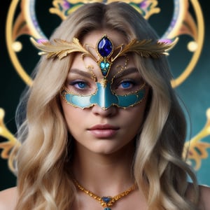 female made from the most beautiful women in the world, hot sexy, pefect face, super realism, photo real, long light blonde wavy hair, cyan crystal eyes, raven masquerade mask, feathers, silk, super detail, super realistic, 4k, expert lighting, glamour shot, perfect symetry, jewelery, make-up, metallic blue and gold marble background