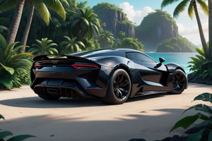 a super exotic luxury 2-door sports car shaped after a black panther, tropical island background, exterior shot, ultra details, 4k, ultra realism
