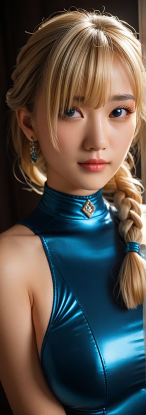 portrait of the most beautiful woman in the world, long sexy platium blonde hair, bangs over one eye, braided, perfect model face, big beautiful asian sky blue eyes, wearing skin tight shiny leotard, body jewelery, flirting with the camera, 4k ultra details, beautiful glamour shot lighting, mosaic of metals and galss background,Masterpiece
