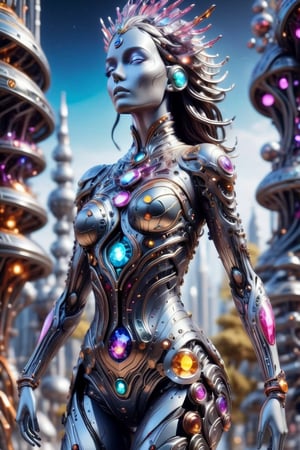 female body made from detailed layered metal and colorful crystals, walking in futuristic science fiction city park,  cosmic sky
,Monster,futuristic