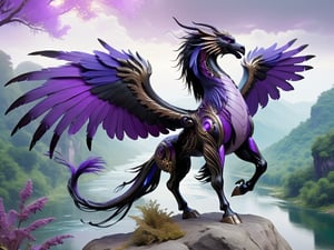 eagle eastern dragon horse creature, long flowing feathered horse main and tail, standing regal on top of a rock overlooking a lush fantasy valley below with a river, large spread eastern dragon wings, raven black body, luminous purple feathers,futuristic