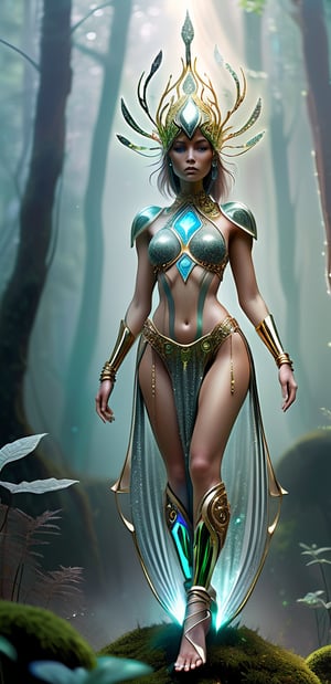 human female, from glitter and gemstones, different colored metals, waring an organic flowing outfit, skimpy, ornate, futuristic lush forest, fog, god rays