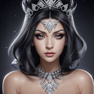 female made from the most beautiful women in the world,  grey eyes,  sexy raven black hair,  skin covered in glitter and diamonds, diamond hair piece, super detail,  super realistic,  4k,  expert lighting,  glamour shot,  perfect symetry,  art deco jewelery, make-up
