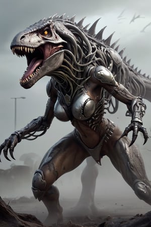  human female warrior, a tyrannosaurus_rex wolf hybrid predator creature made from liquid metal, tentacles, lots of eyes, fearsome, long sharp teeth, stalking you on a futuristic battlefield, fog,girl