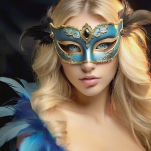 female made from the most beautiful women in the world, hot sexy, pefect face, perfect eyes,super realism, photo real, long light blonde wavy hair, cyan crystal eyes, raven masquerade mask, feathers, silk, super detail, super realistic, 4k, expert lighting, glamour shot, perfect symetry, jewelery, make-up, metallic blue and gold marble background, ,Masterpiece