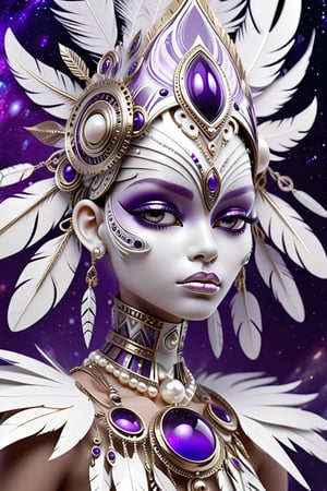 female, pearl white gold and chrome tribal patterns, layered detail, ornate purple glass detail, metal feathers, cosmic space background,, ,Masterpiece
