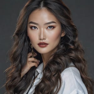 female made from the most beautiful tibetan nordic women in the world, long sexy wavy hair, modelshoot, super realistic, 4k, perfect symmetry, Realism, Makeup, Face makeup, perfect face,Masterpiece
