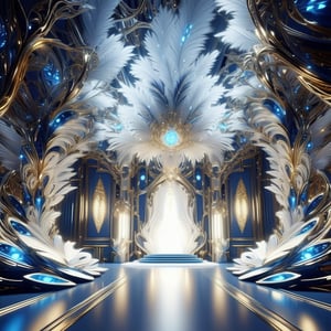 inside of a huge mansion made from lighted feathers, fractal design, intricate, detailed, ultra layered details, beautiful, diamond lights, organic, white, gold, deep shiny metal blue, flowing,futuristic, metal adorning,glossy,glowing color inside,ray tracing