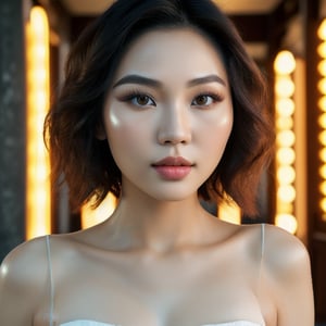 female made from the most beautiful Vietnamese women in the world, short wavy hair, modelshoot style, super realistic, 4k, expert lighting, perfect symmetry, Realism, Makeup, Face makeup, full_bodyperfect face,ENHANCE, 