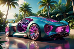 a super exotic luxury 2-door car designed after a womans curvy body, tropical island background, exterior shot, ultra details, 4k, ultra realism,futuristic, metal adorning, glowing color inside, hollow inside, glossy, ray tracing