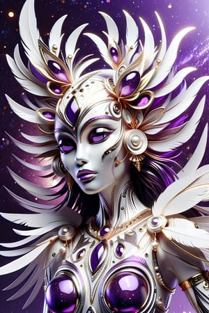 female, pearl white gold and chrome tribal patterns, layered detail, ornate purple glass detail, metal feathers, cosmic space background,, ,Masterpiece,futuristic, metal adorning,glossy,glowing color inside,ray tracing,glitter,shiny