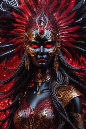 chrome painted statue, sexy female form, ornate red face cover mask, black feathers, ornate gold patterns, red glowing long hair flowing in the wind,  red glowing eyes, red and gold intricate cosmic background, standing facing front, layered detail, ultra crisp, ultra detail, 4k,glitter