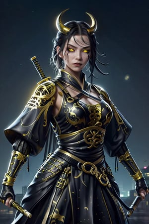 samurai midevil female in satin black with gold markings, oriental, oriental, in combat in the dark scary moonlight city street,futuristic, metal adorning, glowing color inside, hollow inside, glossy, ray tracing, LinkGirl