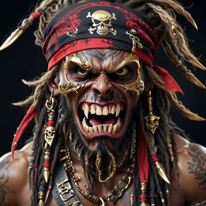 skull with fangs, angry expression, pirate, fearsome, long sharp teeth, dreadlocks, bandana, tribal patterns, ultra detail, ultra real, 4k, black red and gold