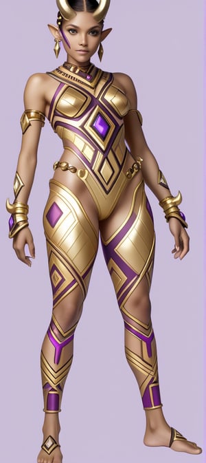 human female, ornate and tribal diamond tatoos, organic, futuristic, organic horns in a patterned all over body, light to dark gold and purple gradient background

