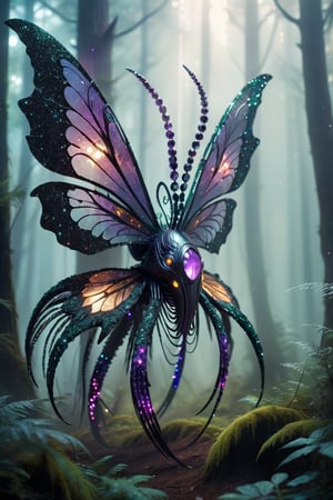 raven butterfly creature made from glitter and gemstones, different colored metals, long feathered tentacles, fearsome, long sharp teeth, stalking you on a futuristic lush forest, fog, god rays