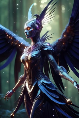 human female raven butterfly creature made from glitter and gemstones, different colored metals, long feathered tentacles, fearsome, long sharp teeth, stalking you on a futuristic lush forest, fog, god rays, erie,futuristic