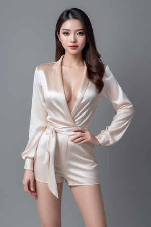 sexy female, standing, full_body, wearing sexy silky outfit, simple design, elegant, classy smart pose, simple background