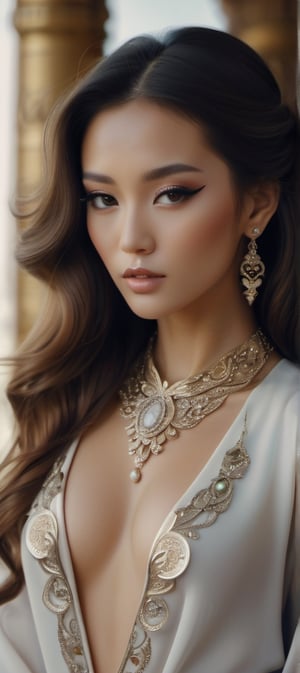 feminine, ultra classy outfit, lots of ornate jewelery, beautiful woman, perfect model oriental face, sexy long wavy hair, looking at camera intently, ultra crisp, ultra sharp, realistic, 8k