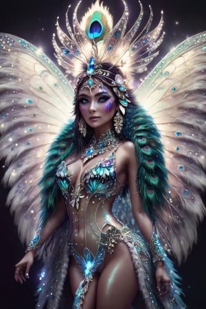 hot sexy female model, wearing butterfly ornate body jewelery suit, fur outfit,  jeweled peacock headdress, glamour shot, diamond lights, 4k, ultra sharp, ultra detail, full body
,REALISTIC