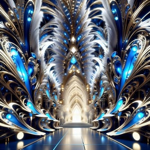 inside of a huge mansion made from lighted feathers, fractal design, intricate, detailed, ultra layered details, beautiful, diamond lights, organic, white, gold, deep shiny metal blue, flowing,futuristic, metal adorning,glossy,glowing color inside,ray tracing