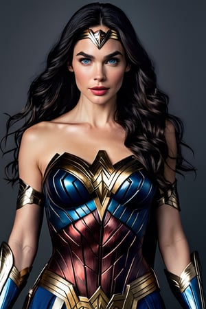 hybrid chris pine gal gadot as a female, sexy female body, wearing sexy skin tight wonder woman armor, blue eyes, long wavy black hair
