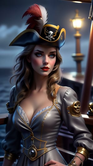 female made from the most beautiful women in the world, grey eyes, royal pirate p;rincess, rich, glamorous, sexy royal pirate outfit, pirate sword, pirate pistols, super detail, super realistic, 4k, moonlight lighting, perfect symmetry, dark and foggy night out on the ocean, figure is standing on deck of a beaufiul pirate ship with gold art deco trim,girl