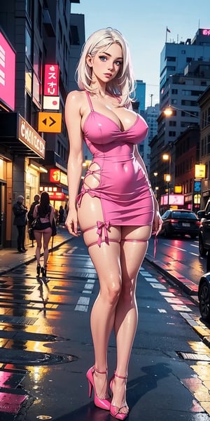 Female character, white hair, big cleavage, ((huge breasts)), standing in the middle of the street, looking at the viewer, large buildings in the background, sexy, high definition, prominent lighting, contrasting with the bright colors of the painting, (( pink short dress)), ((pink high heels)), long legs, long hair, bright blue eyes, highly detailed, octane rendering, heavy strokes, bristle marks, soft colors, fit girl, sexy legs, full view , ((full body )),